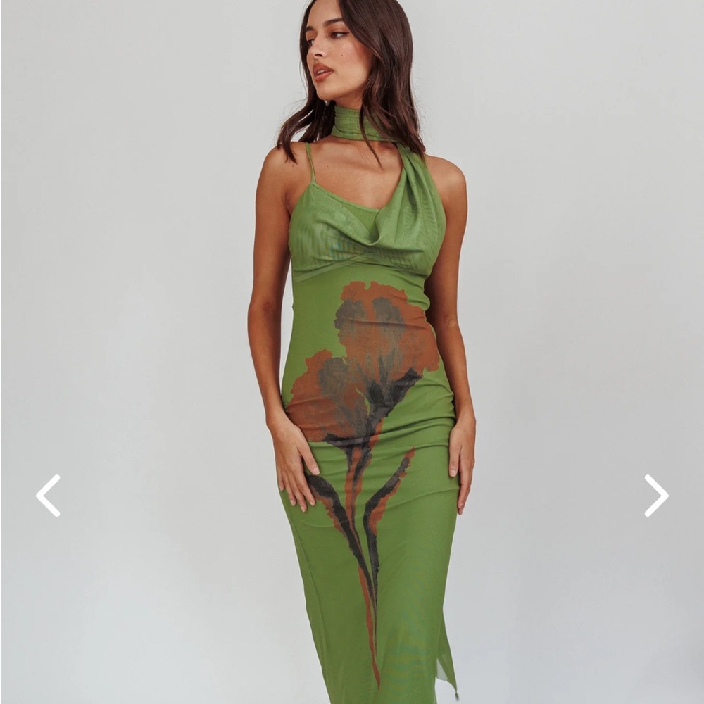 Elegant Green Floral Mesh Scarf Dress (One and Only brand)